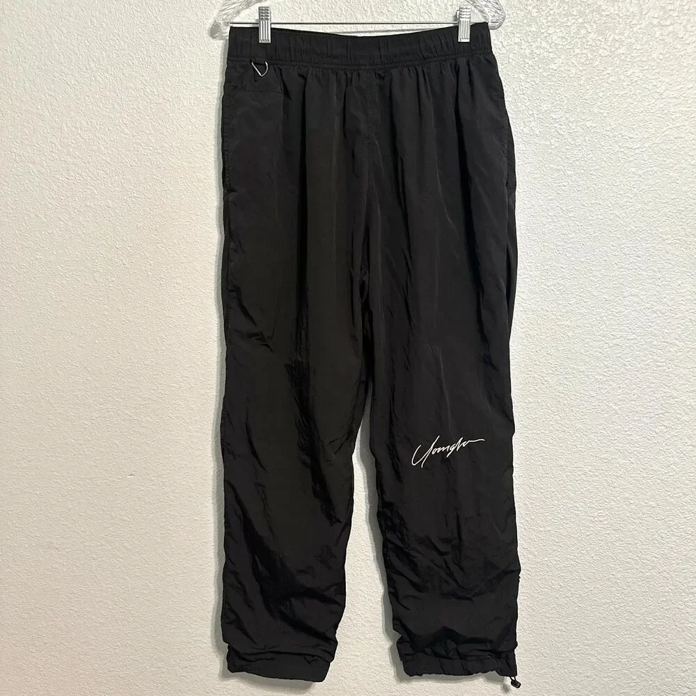 Youngla Joggers Pants Men L Black Nylon Mid Rise Elastic Waistband Pockets